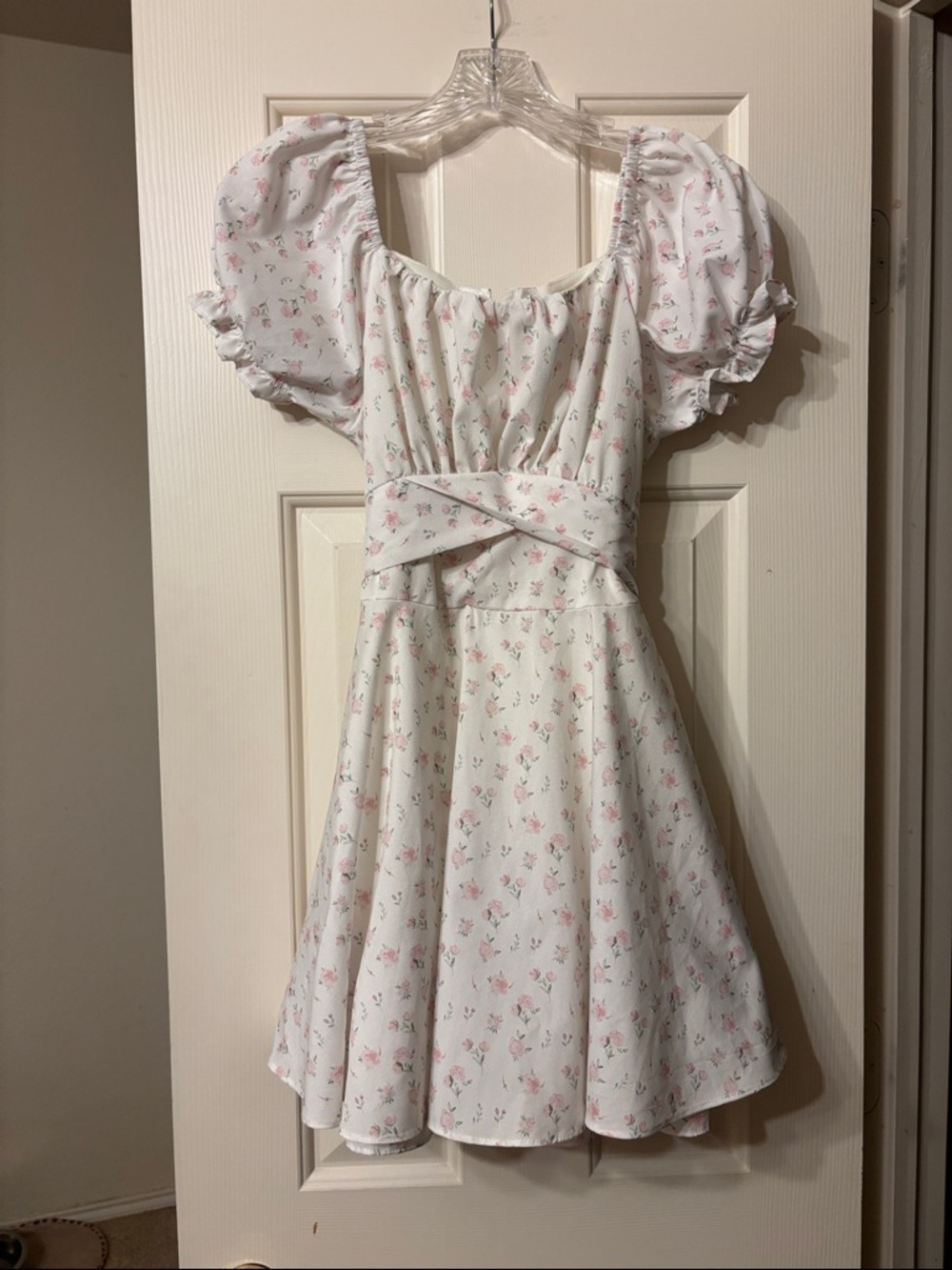 Girls White Dress with Pink Floral Print and Puff Sleeves — Casual Day Dress